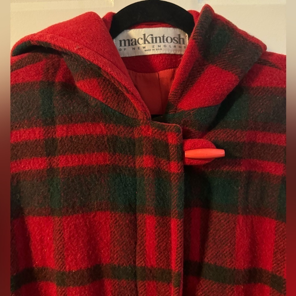 Mackintosh of New England 80’s Red Green Plaid Wool Hooded Coat Made USA Toggle - Picture 4 of 14